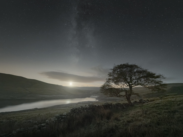 Nightscapes A solitary tree stands in the serene countryside of North Yorkshire at night. Rolling hills frame a tranquil reservoir, its surface reflecting the light of a near-full moon nestled on the horizon. Above, a clear sky reveals the Milky Way's cosmic splendour, stars dotting the expanse. A stone wall gently meanders across the grassy foreground.