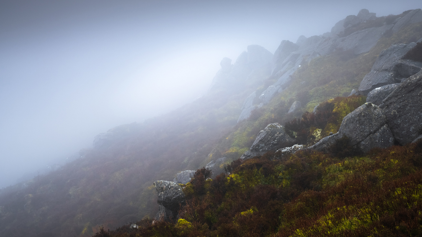 The image captures a moody landscape in North Yorkshire under a veil of fog. A slope with rocks and brush fades into the white mist. The vegetation sports autumnal hues, and the subdued light suggests a serene, mysterious atmosphere.
