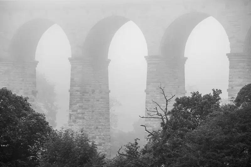 Distant view of Crimple Viaduct through fog. a view of a tall building. tree outdoor fog building black and white bridge sky