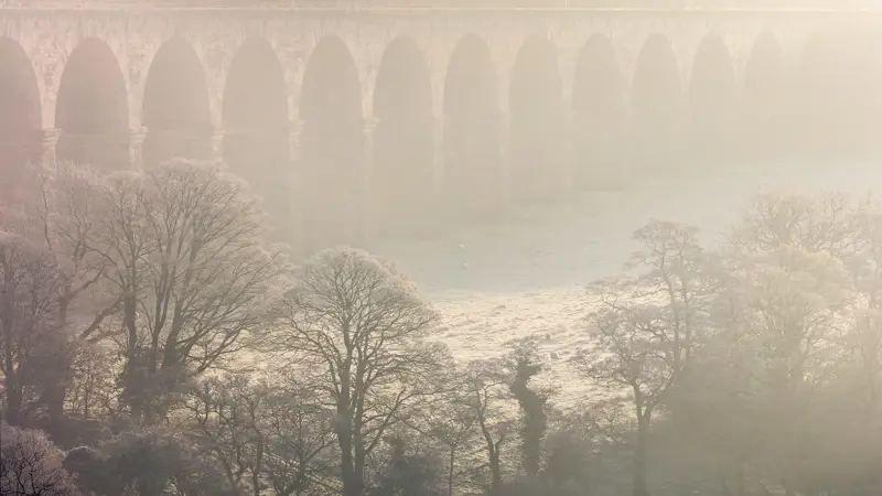 a close up of a bridge. fog outdoor snow tree building sky winter