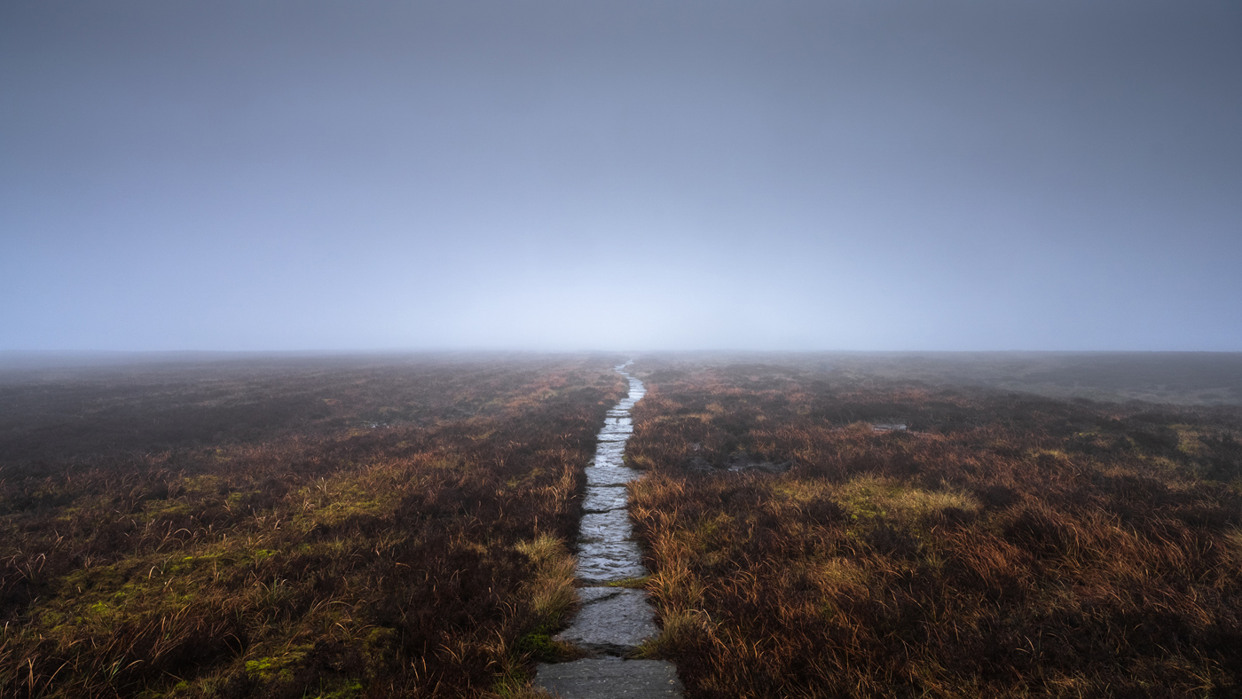 Nestled in North Yorkshire, a solitary pathway cuts through a moorland swathed in mist. The weathered path, bordered by tufts of russet grasses, stretches into an opaque horizon, evoking a serene, mystical ambiance under a soft, overcast sky.
