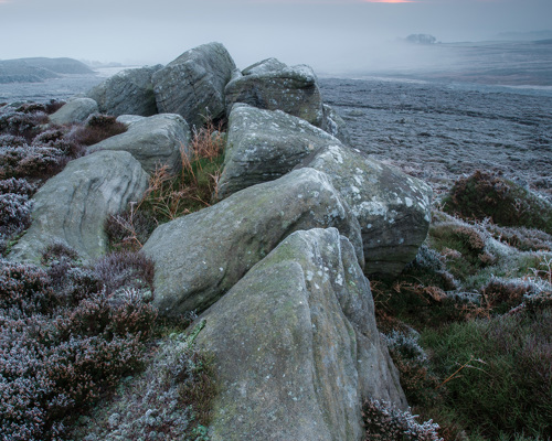 Moorland Landscapes: Frosty moorland landscape a close up of a rock