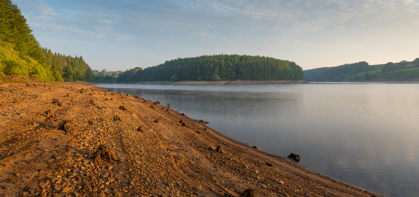 This image shows a serene North Yorkshire landscape featuring a calm reservoir with a mirror-like surface. A forested hillside reflects gently in the water. The near shore is a rough, pebbly beach bathed in soft, warm light, suggesting early morning. a river running through a body of water